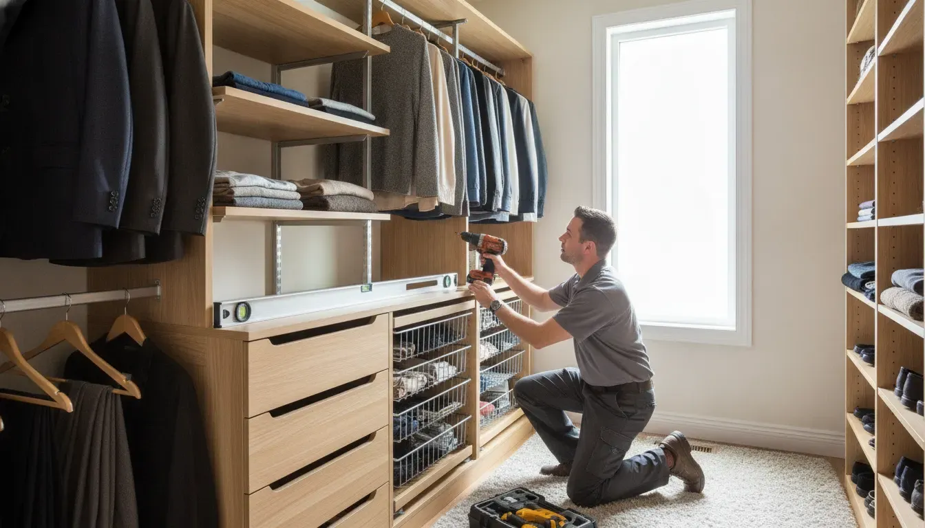 Installer checking level and wall anchoring on closet shelving