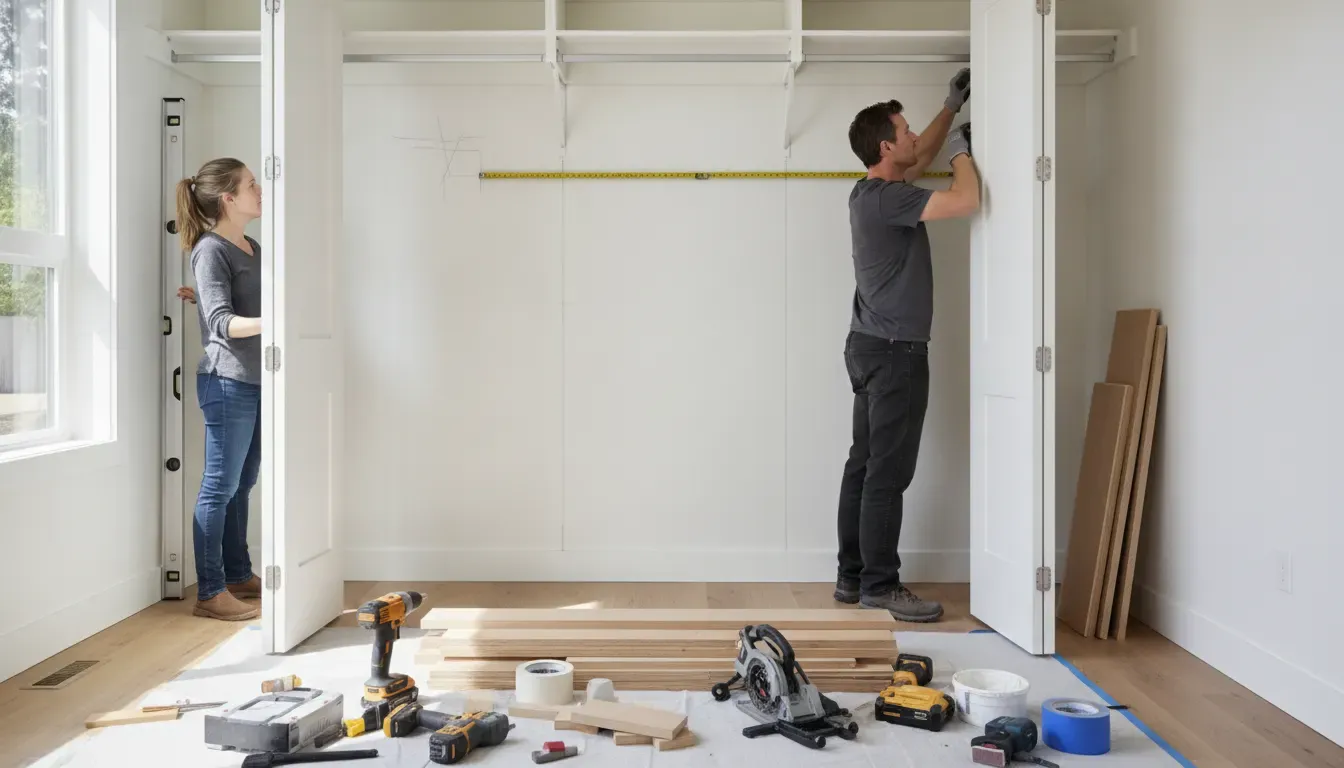 Installer measuring a reach-in closet before shelving installation
