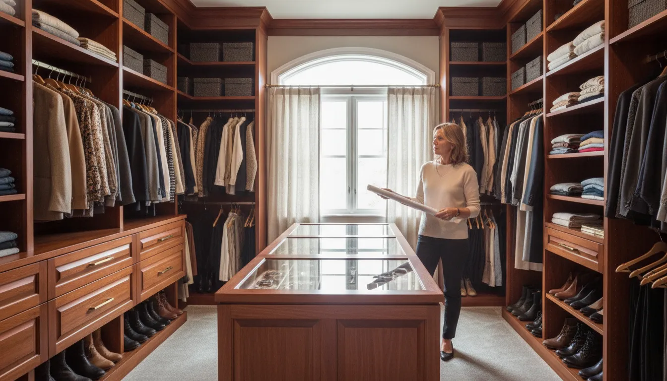 Elegant custom closet with organized shelving, drawers, and hanging space