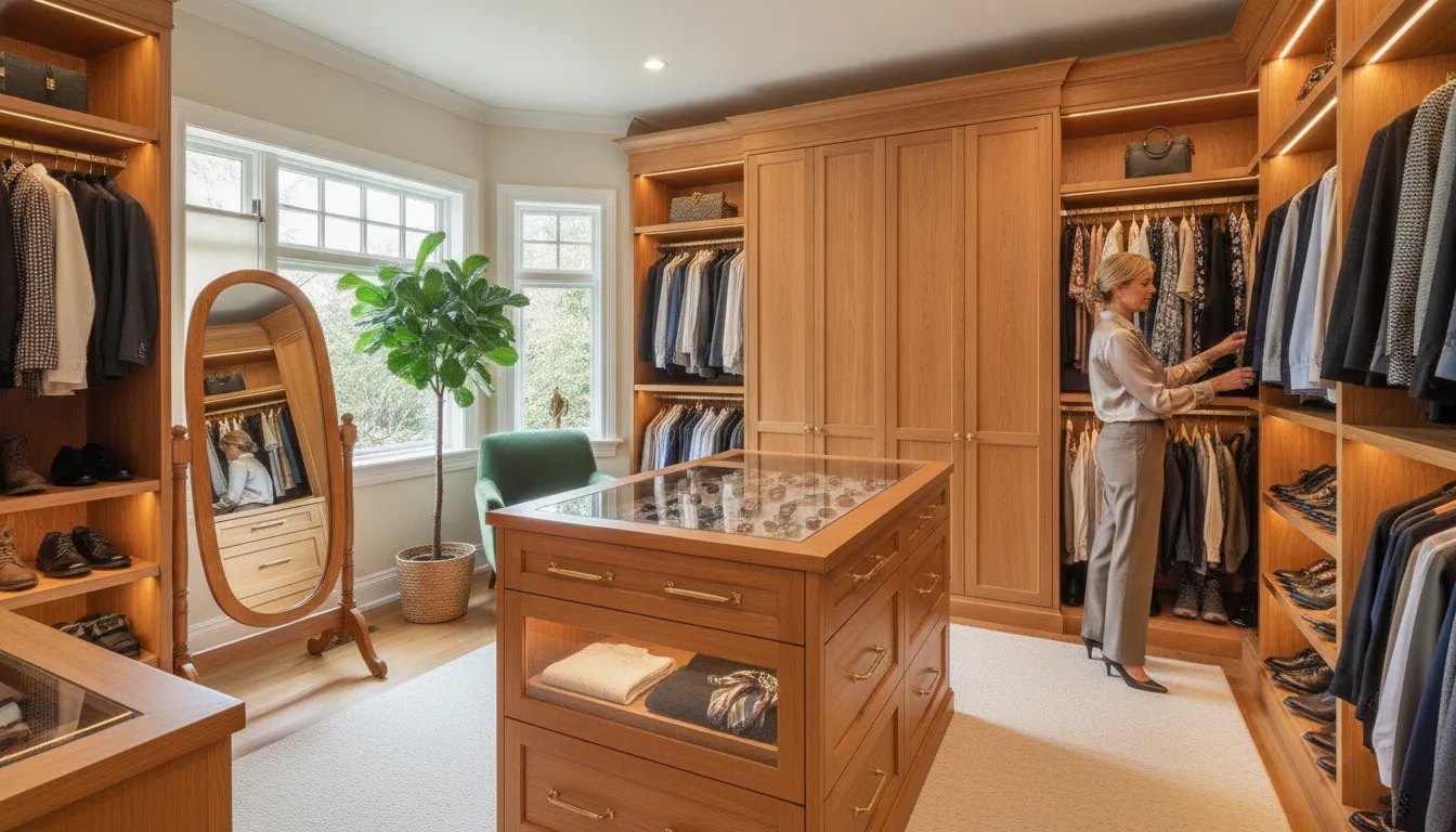 Custom walk-in closet with drawer storage and hanging space