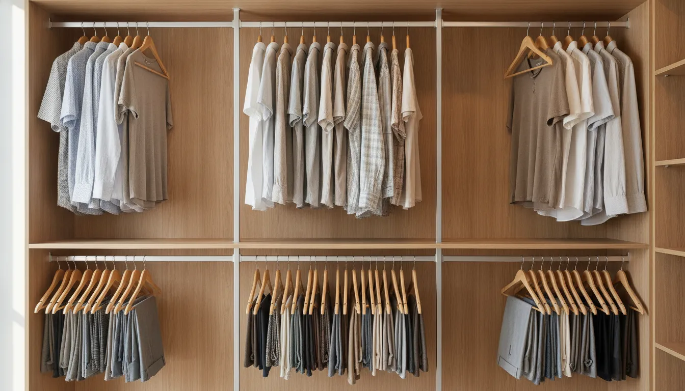 Double-hang closet rods organized with shirts and skirts in a Maple Valley home