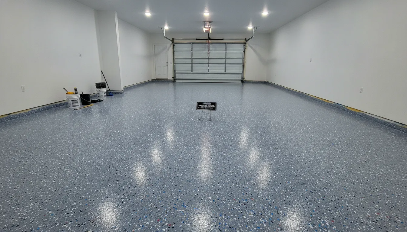 Professional epoxy garage floor with gray coating and colored flakes in a bright residential garage
