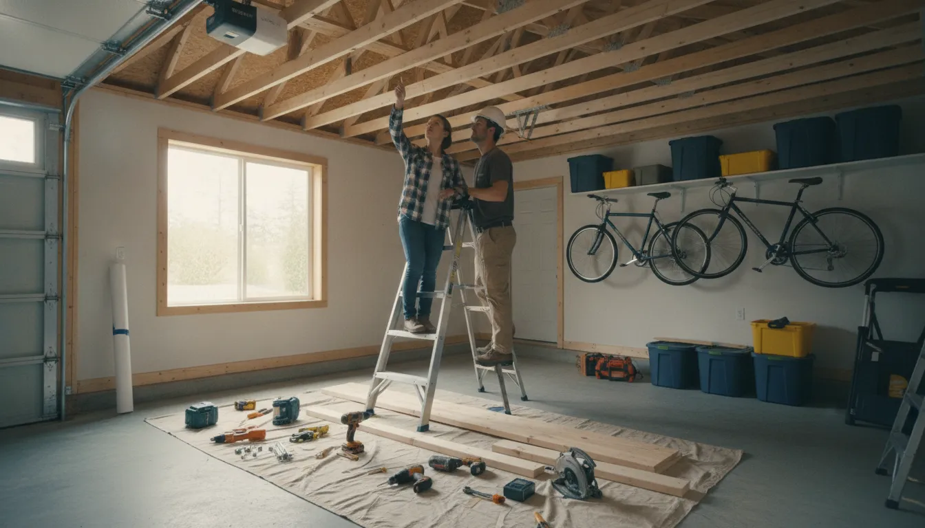 Installer inspecting garage ceiling framing before overhead storage installation