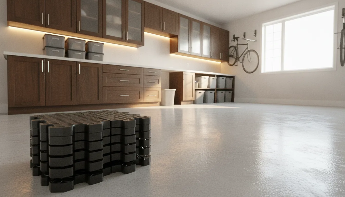 Bright finished garage with epoxy floor, interlocking floor tiles, and custom wall cabinets
