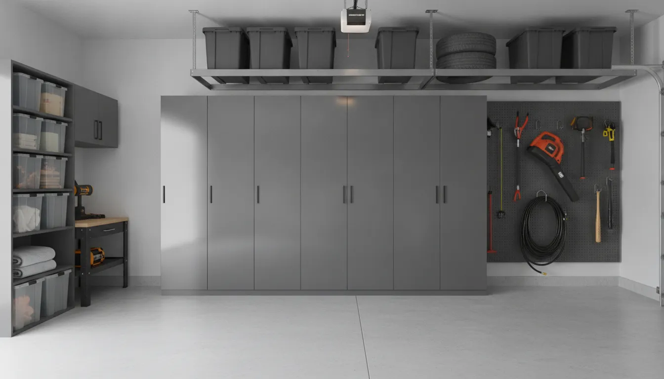 Custom garage cabinets combined with wall and overhead storage