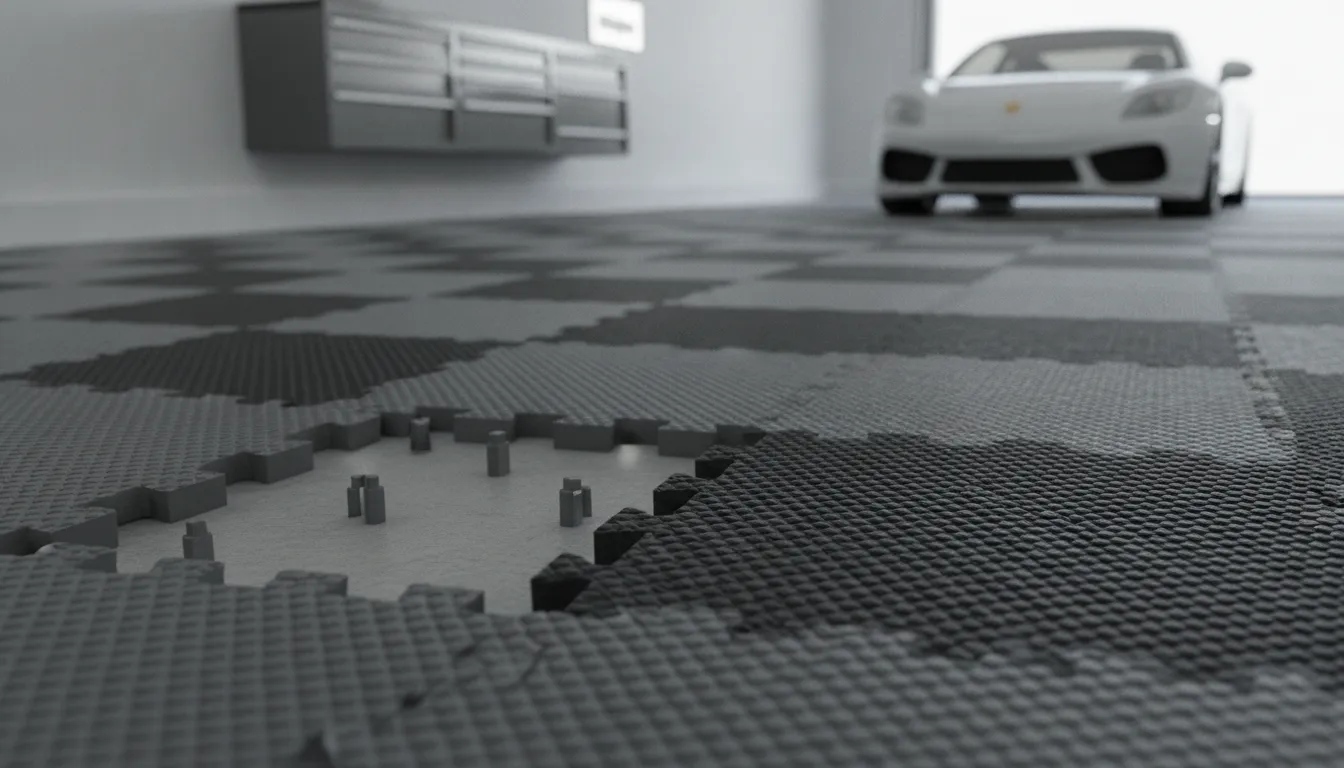 Interlocking modular garage floor tiles in a black and gray checkerboard pattern showing the snap-together design
