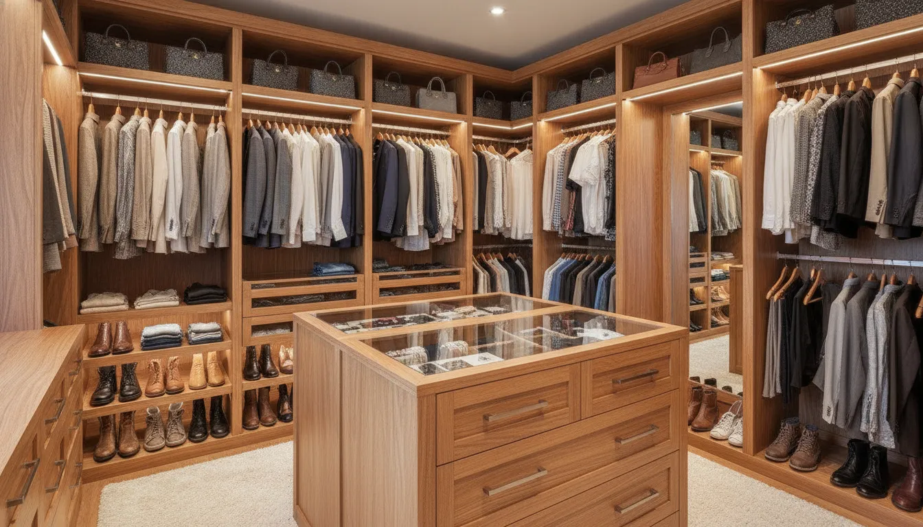 Bright custom bedroom walk-in closet system with hanging rods, shelving, and drawers