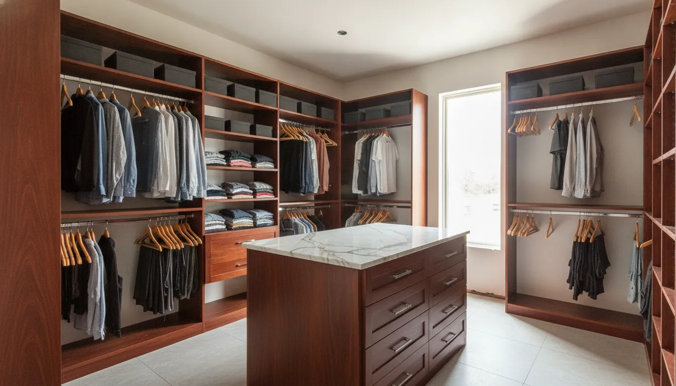 Modern walk-in closet with organized wood shelving and hanging space in a custom new home build