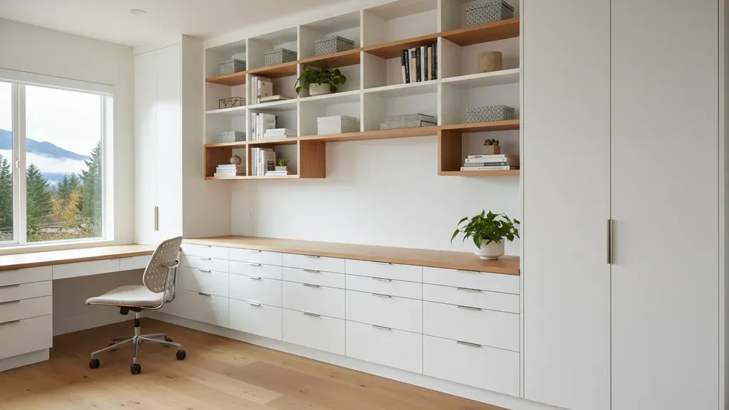 Custom built-in home office storage system with floor-to-ceiling shelving and integrated desk in a modern residential room