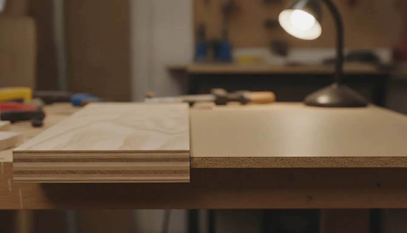 Cross-section comparison showing layered plywood veneer construction next to smooth, dense MDF panel material