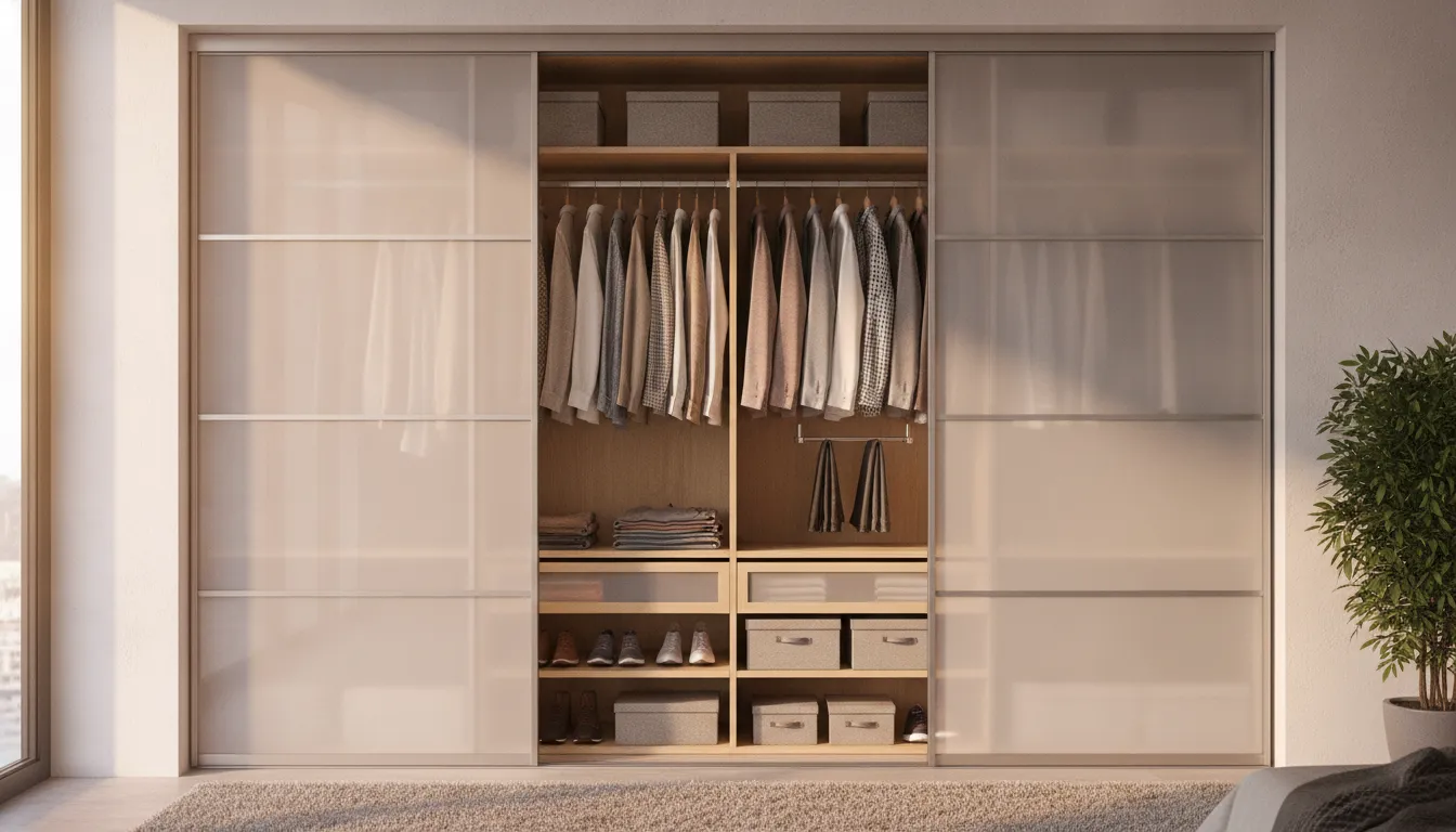 Custom wardrobe closet built into a bedroom alcove with sliding doors and organized hanging storage