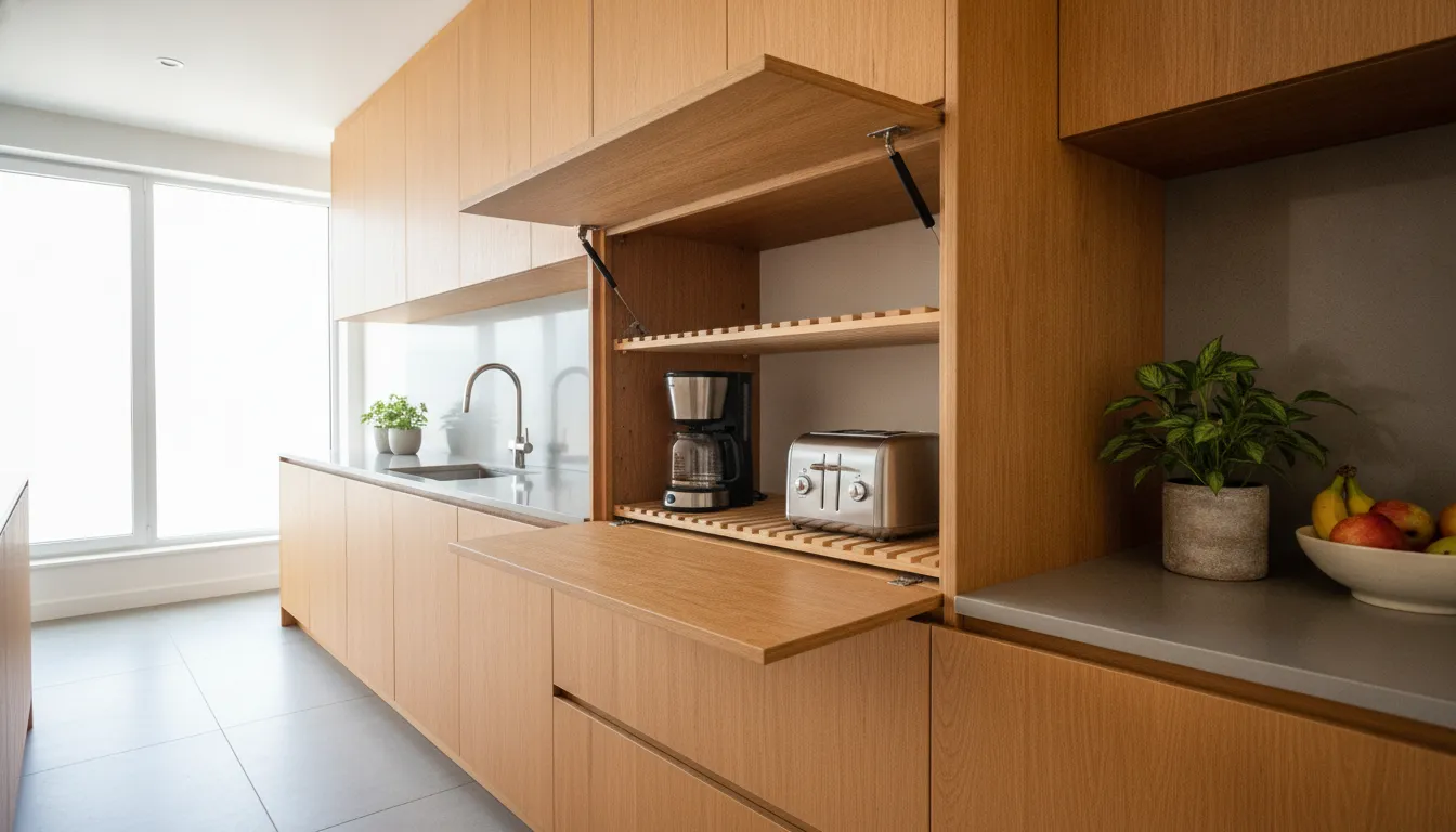 Open appliance garage cabinet with a coffee maker and toaster stored on adjustable shelves