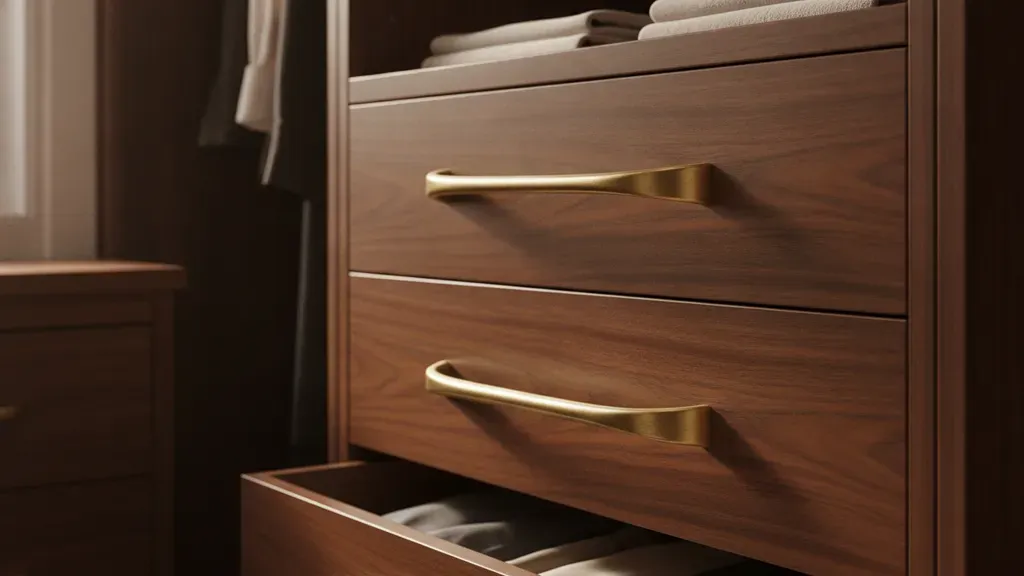 Close up of luxury custom closet drawers with elegant metal handles and premium woodwork