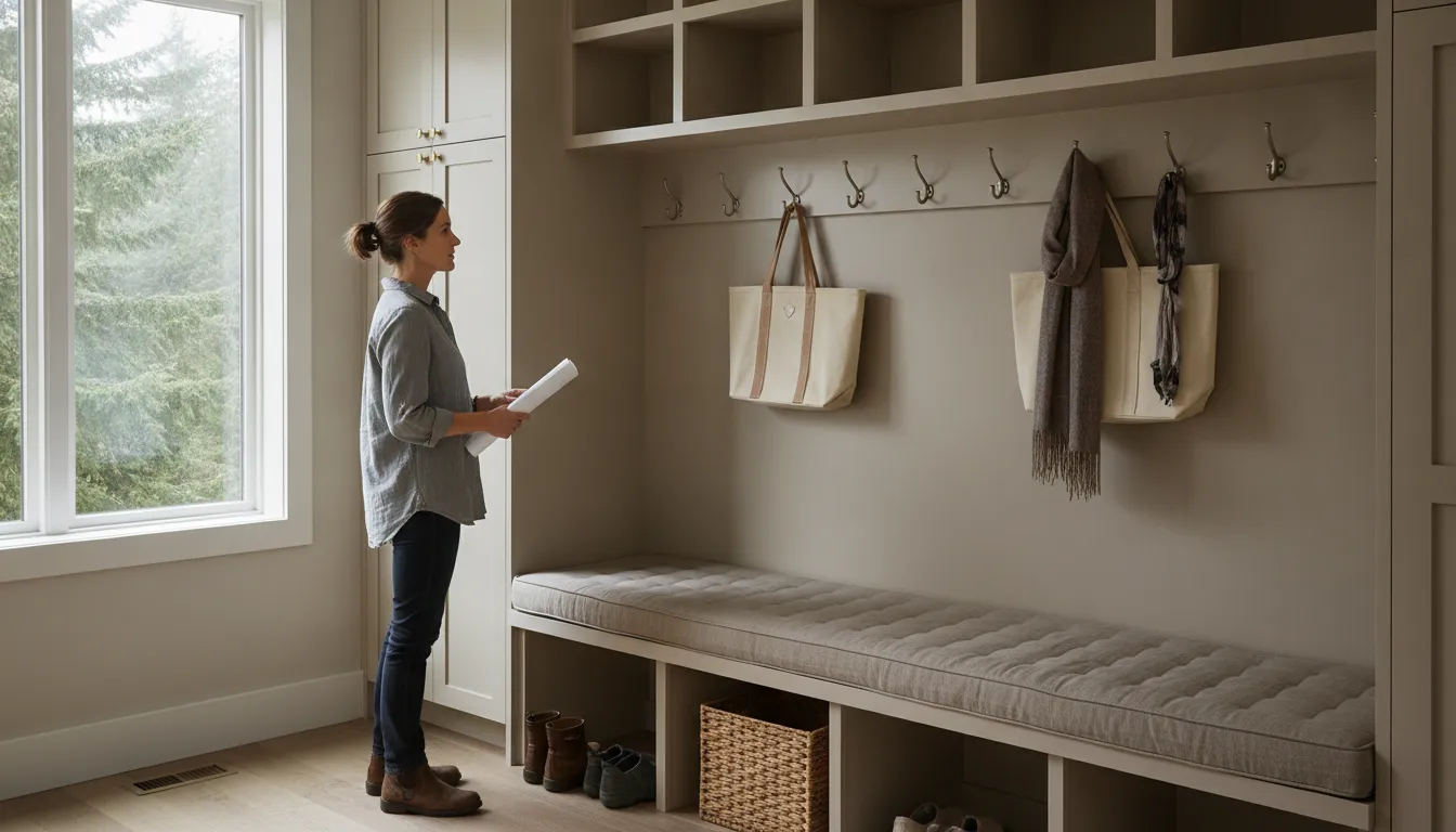 Homeowner planning built-in mudroom storage zones
