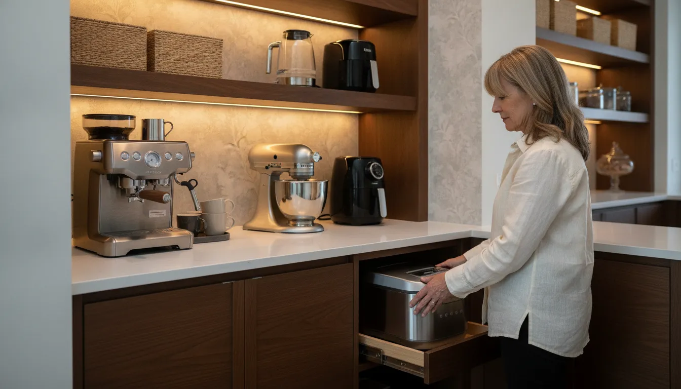 Walk-in pantry work zone with warm shelf lighting and appliance storage