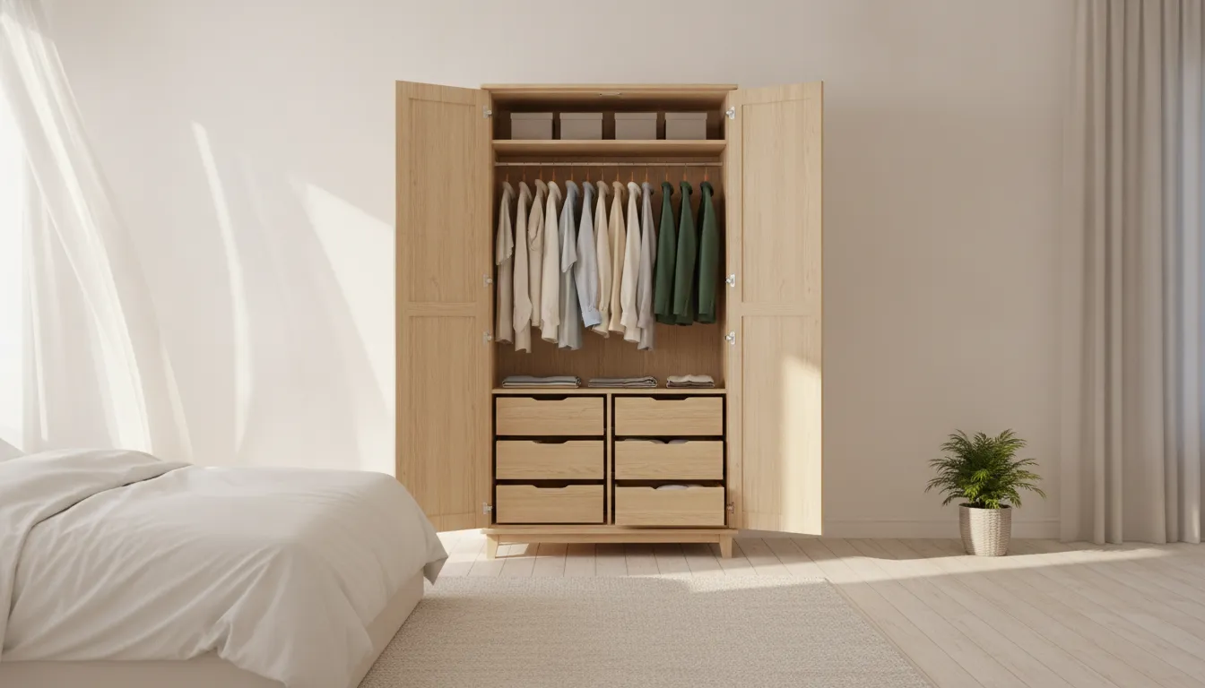 Freestanding wooden armoire wardrobe with open doors showing hanging clothes and drawers