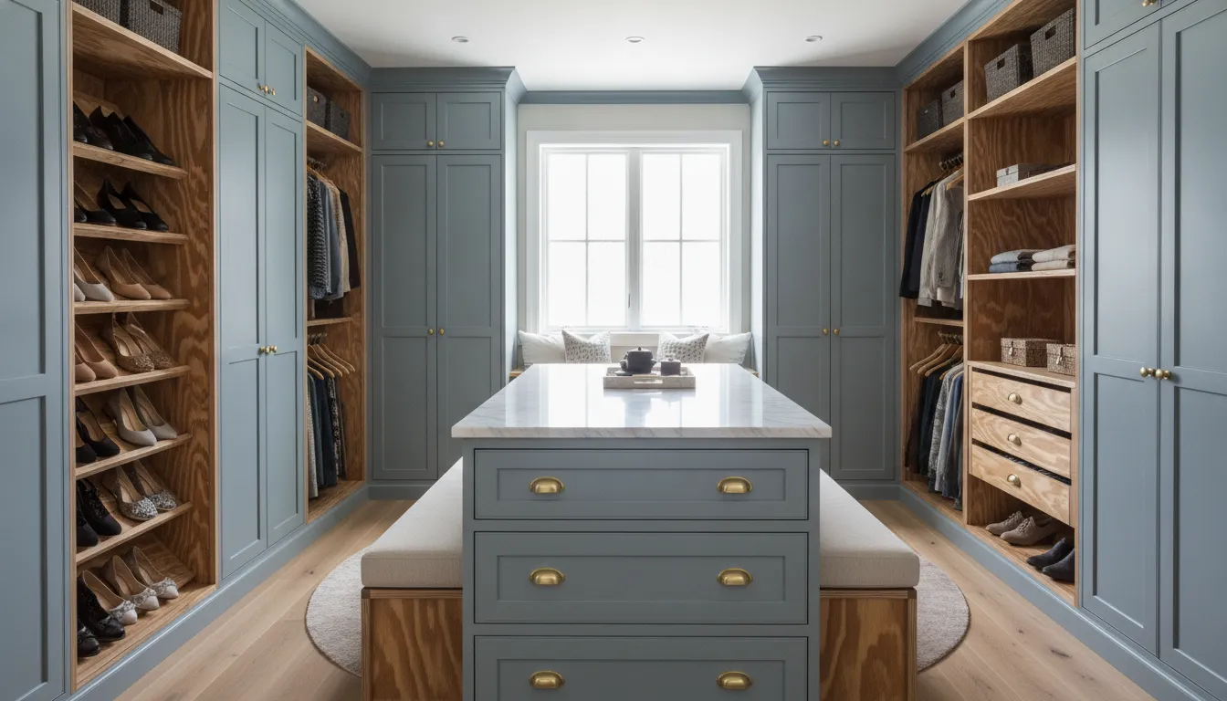 Custom walk-in closet with painted cabinet doors and durable plywood cabinet boxes, showing premium material quality in a real home setting