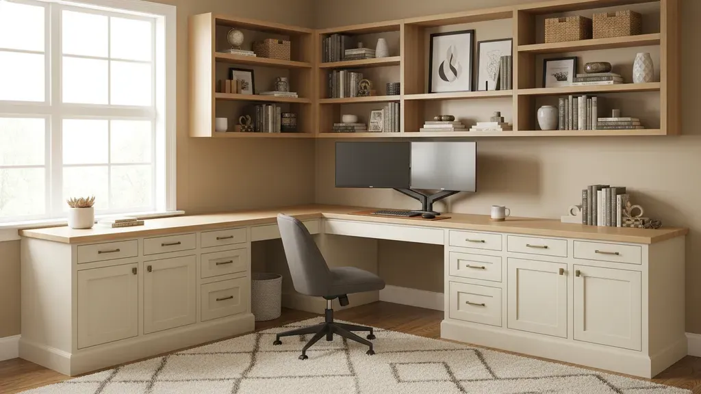 L-shaped built-in desk with custom cabinetry, filing drawers, and overhead shelving in a home office
