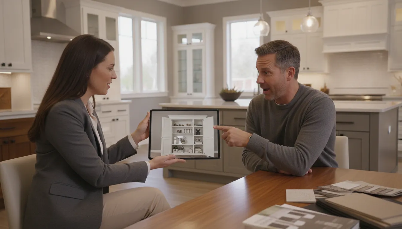 Designer reviewing a 3D kitchen pantry remodel with an appliance garage cabinet during an in-home consultation