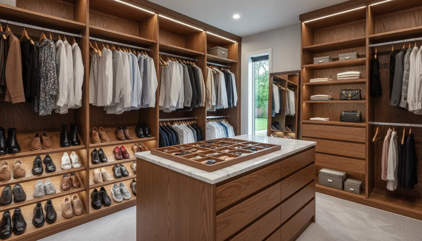 Custom closet system with organized shoe shelves and hanging clothes in a new home bedroom