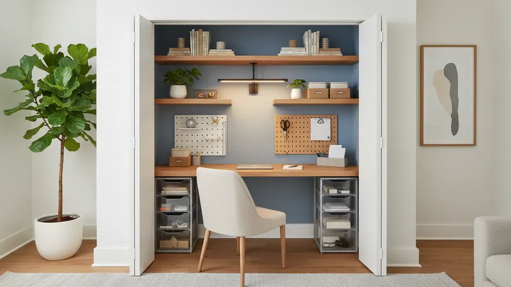 Small closet converted into a compact home office with built-in desk and organized shelving