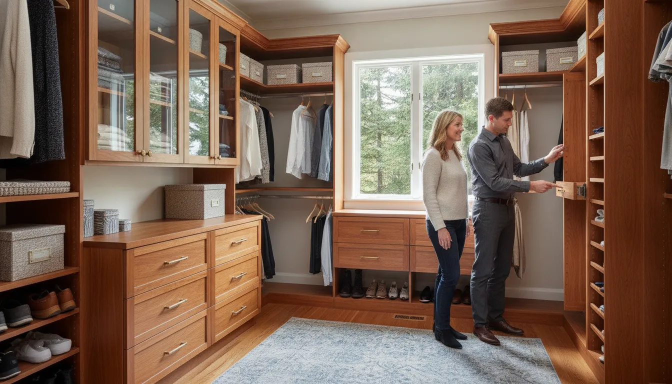 Homeowner reviewing custom closet shelving and drawers with a designer