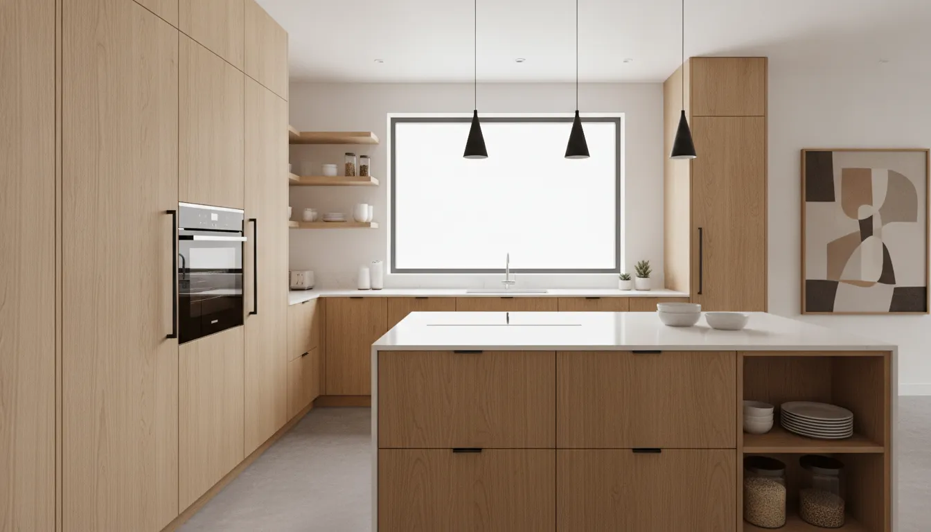 Modern fitted kitchen cabinets with organized countertops and contemporary design