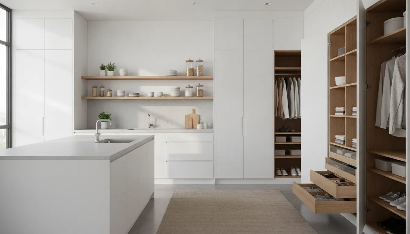 Custom built-in kitchen and closet cabinets with organized shelving