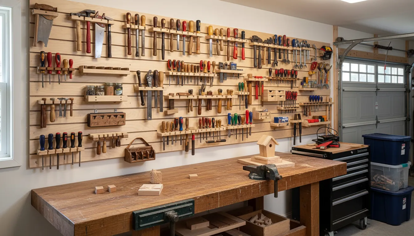 French cleat workshop wall with organized custom tool holders