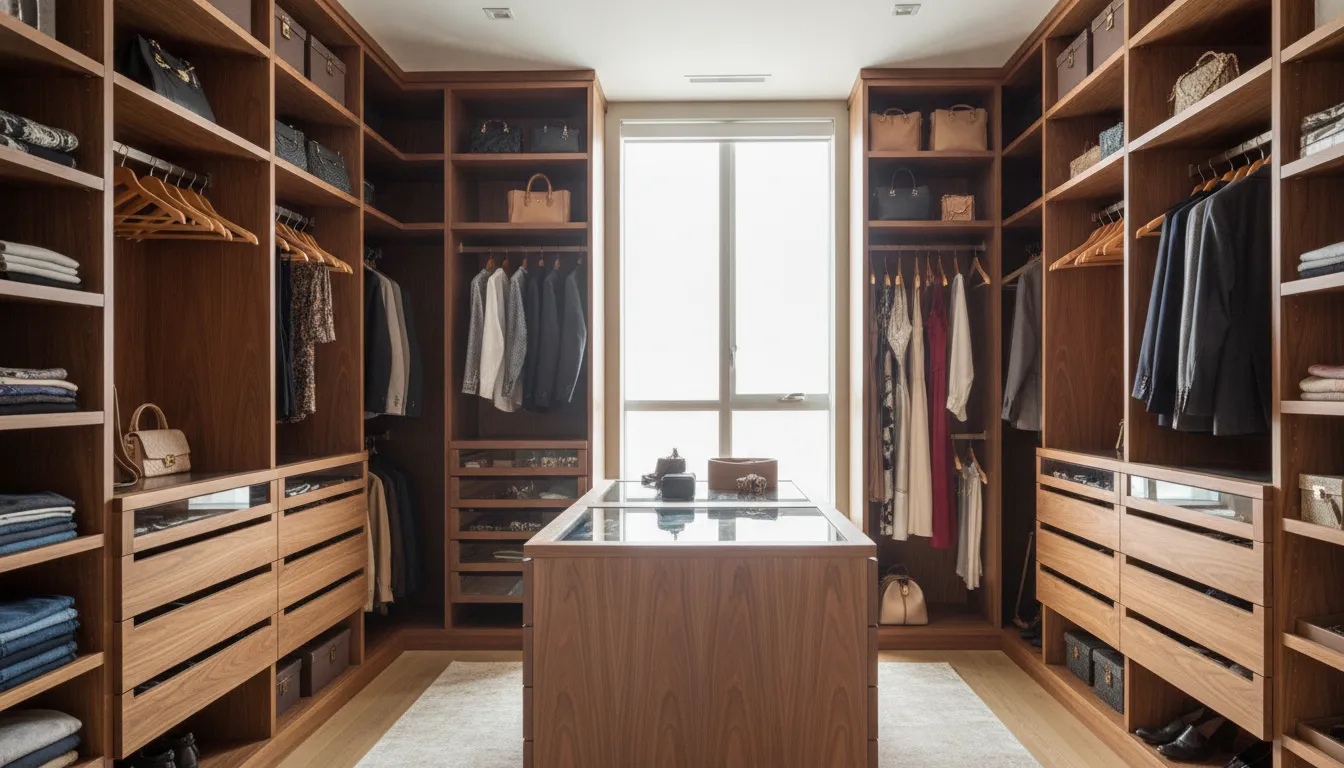 Custom closet system with floor-to-ceiling shelving, drawers, and organized storage in a modern home