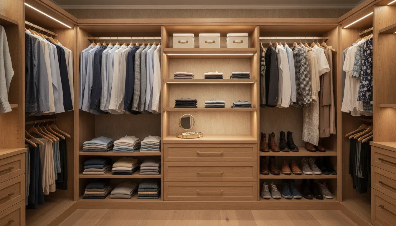 Custom reach-in closet with hanging, shelving, and shoe storage
