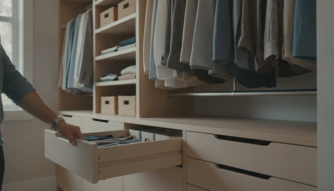 Homeowner checking a drawer in a remodeled reach-in closet