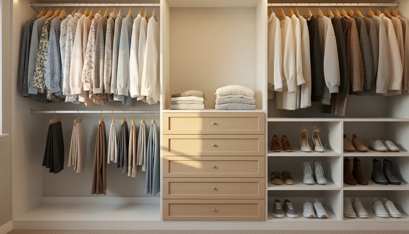 Organized closet system for your bedroom with hanging rods and shelving