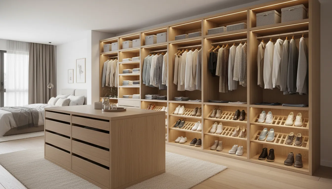 Adjustable closet system for your bedroom with drawers and shoe shelves