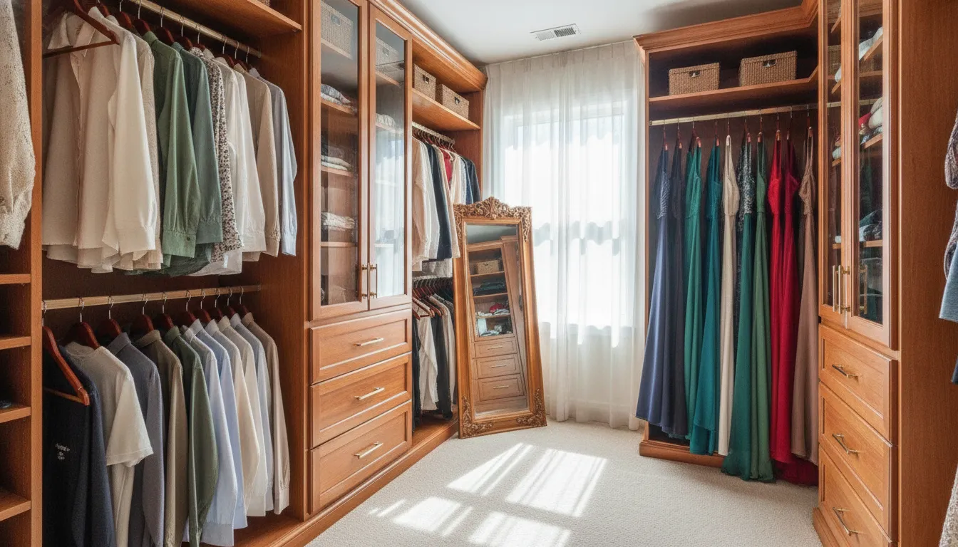Double hang closet rods beside a single-hang section