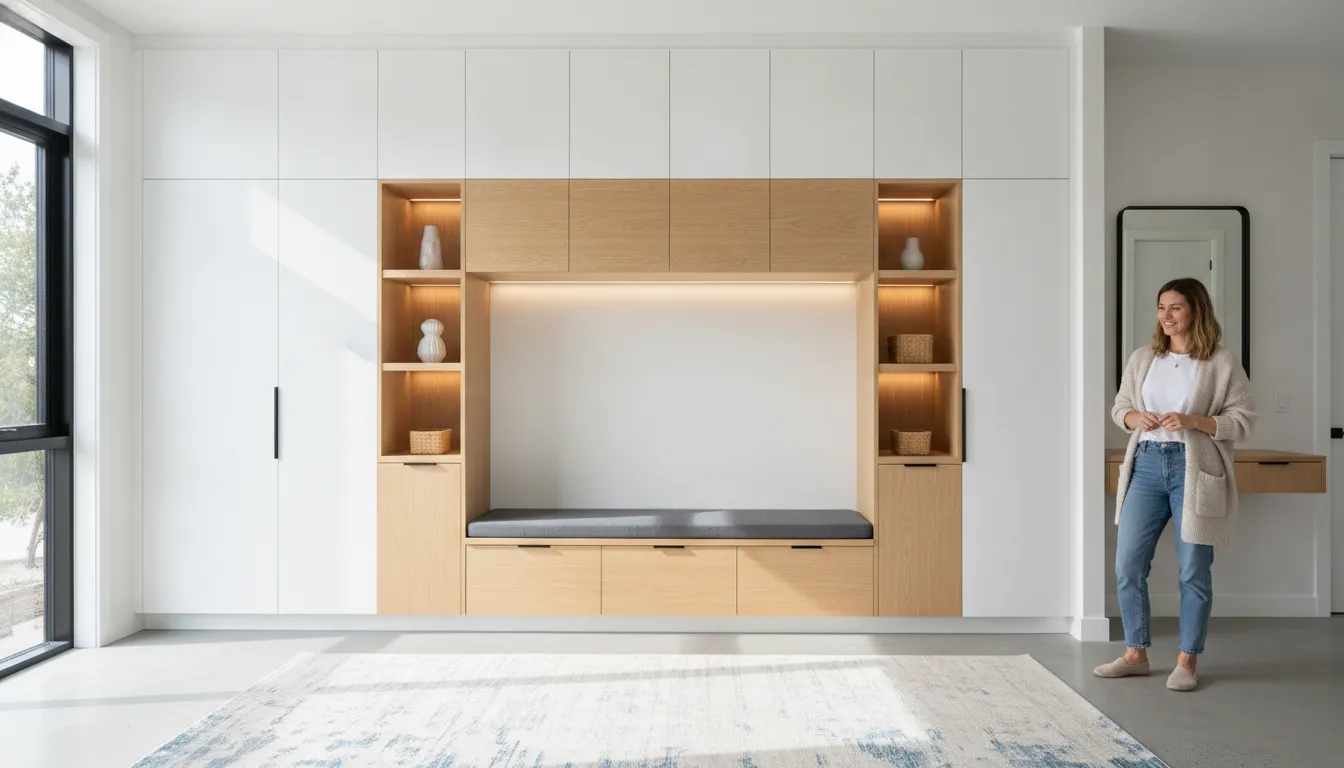 Finished custom entryway built-in cabinetry with bench and concealed storage in a Seattle home