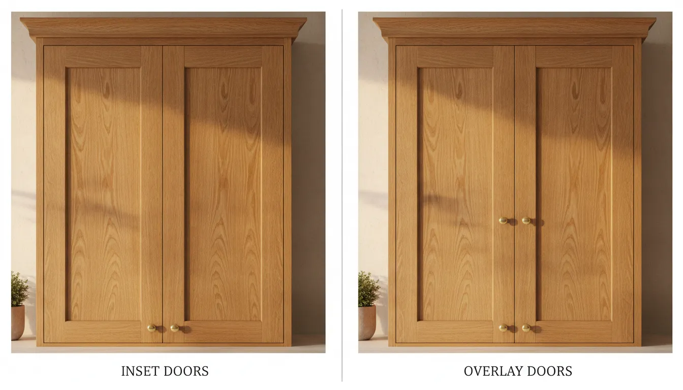 Side by side comparison showing inset cabinet doors flush inside the frame versus overlay doors overlapping the frame