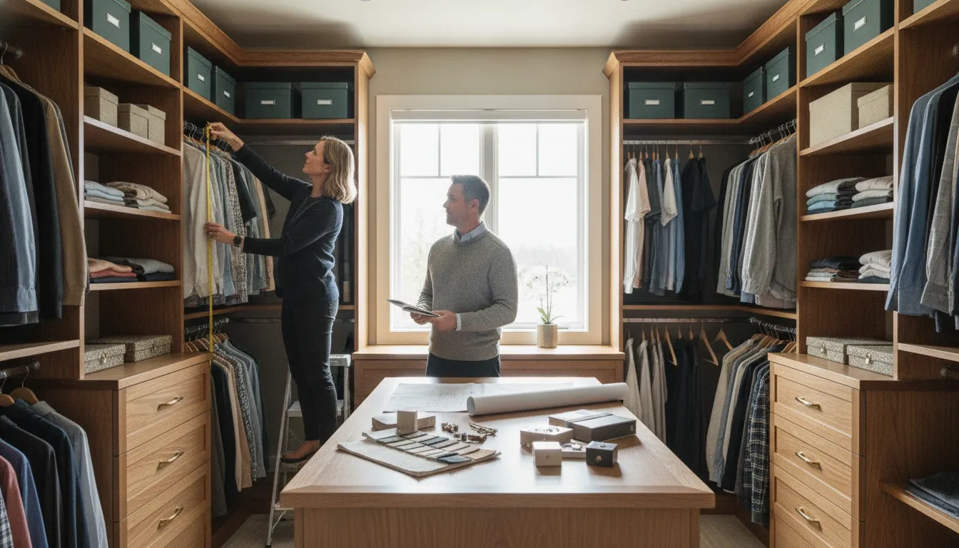 Professional closet designer measuring a walk-in closet during an in-home consultation