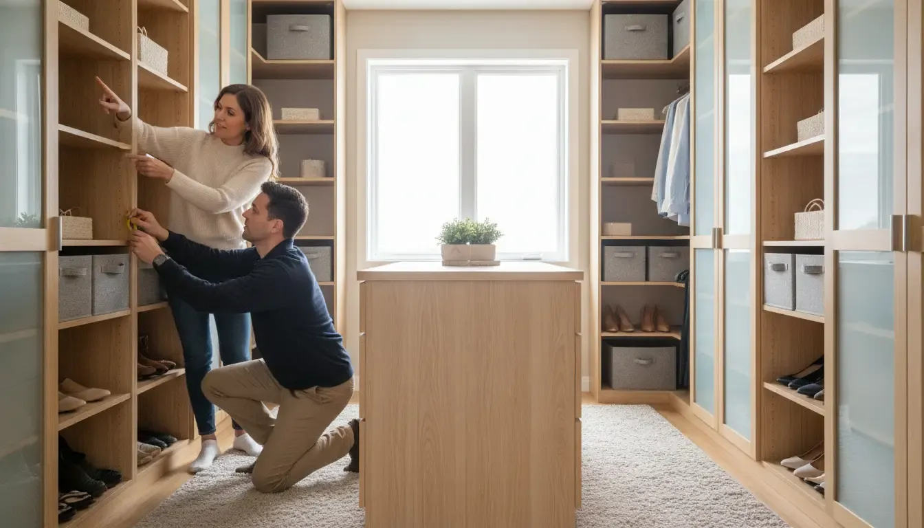 Adult homeowner and closet designer planning a measured custom storage system