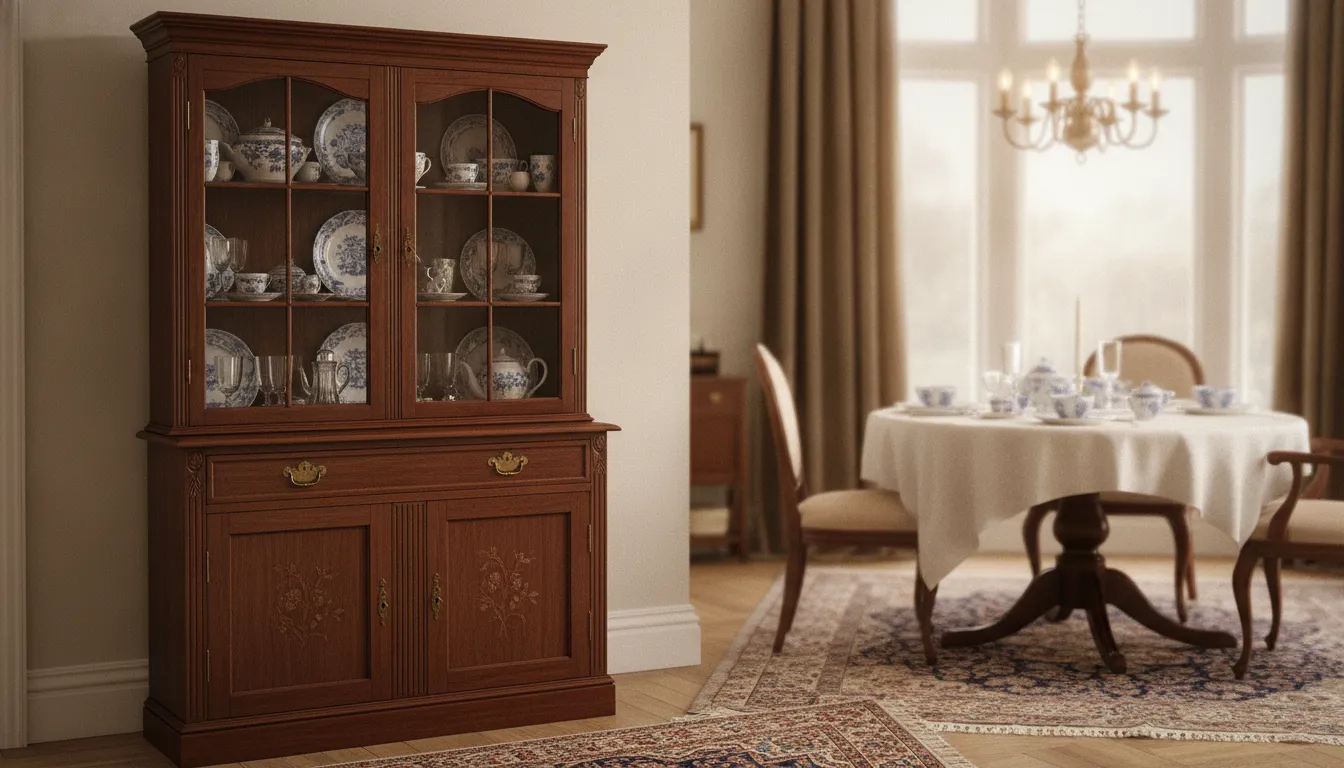 Freestanding wooden cupboard with glass display doors in a dining room setting