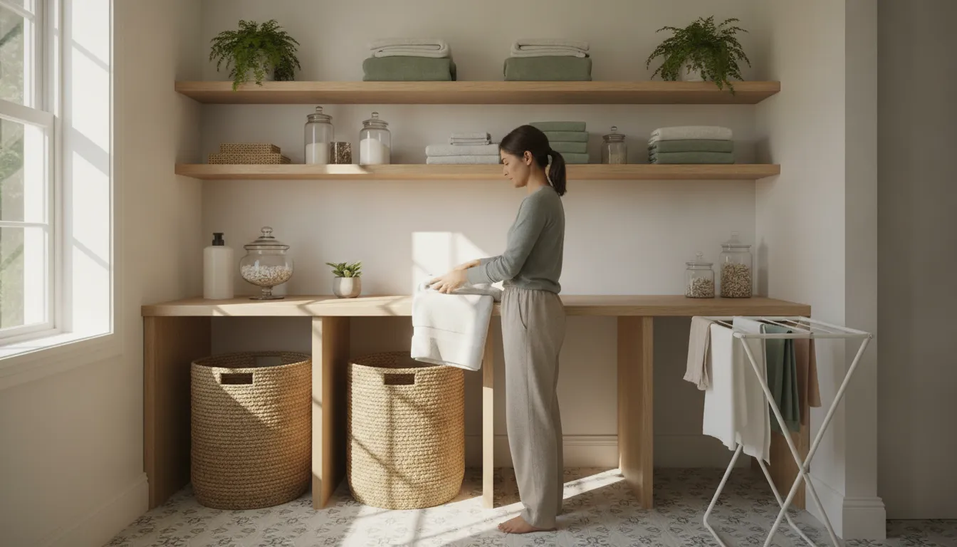 A homeowner folding clean laundry at a custom built-in folding station