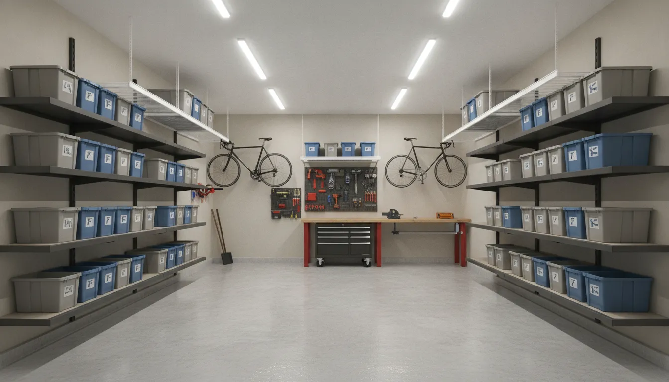 Wall-mounted shelving and overhead racks storing bins and tools in an organized garage