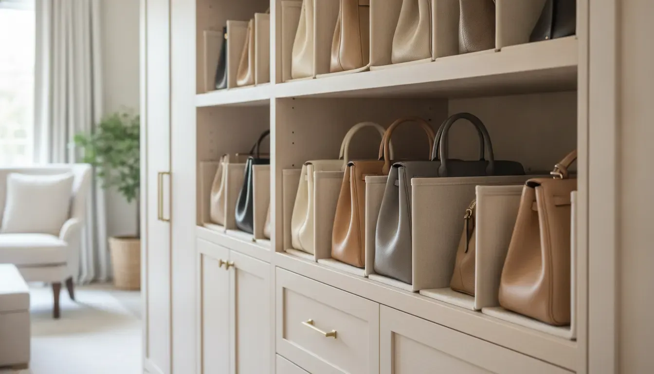 Structured handbags standing upright on adjustable closet shelving