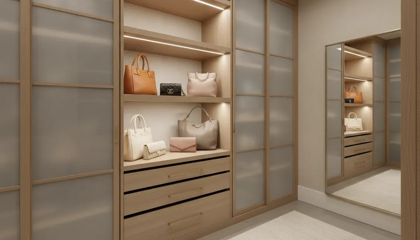 Custom closet handbag storage zone with open shelves and drawers