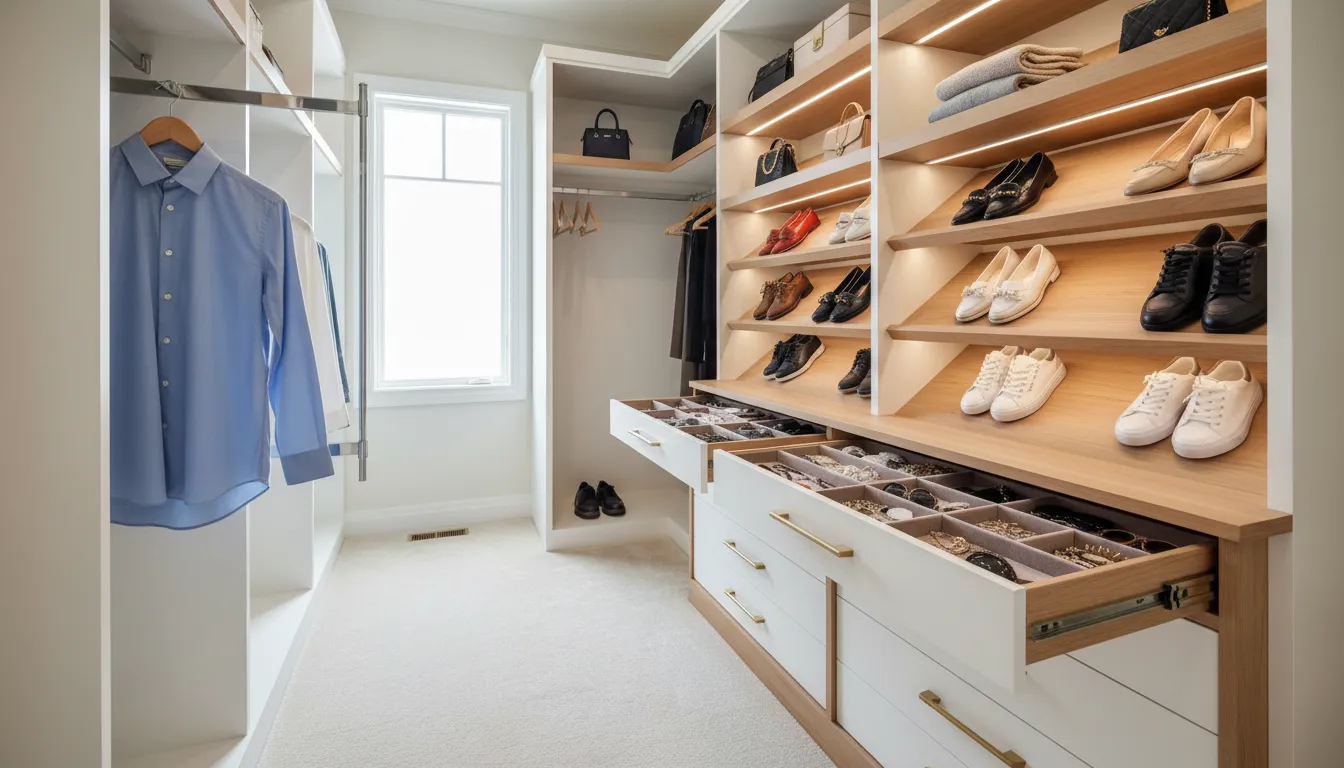 Walk-in closet with custom accessories including divided drawers, slanted shoe shelves, and LED-lit glass shelves