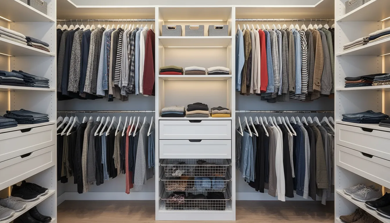 Organized reach-in closet with double hanging rods, adjustable shelves, and a central drawer tower