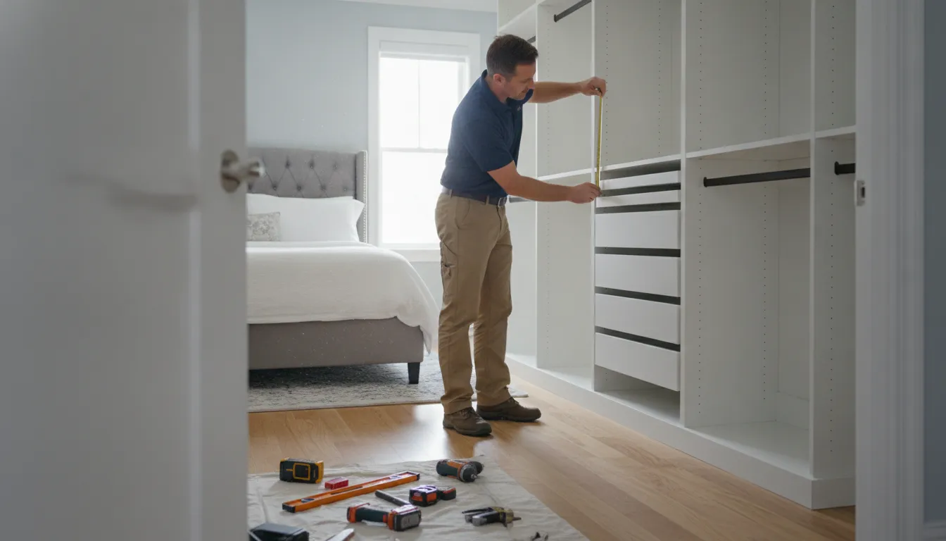Professional installing a custom reach-in closet system in a bedroom