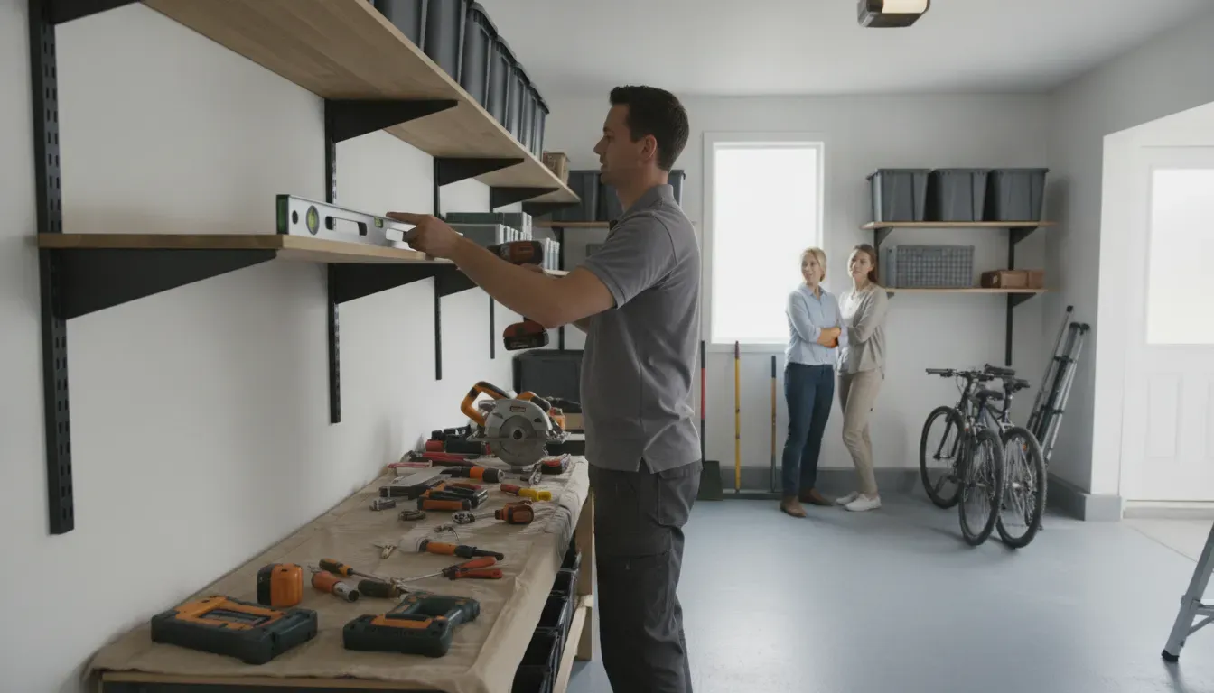 Installer leveling wall-mounted garage shelving during installation