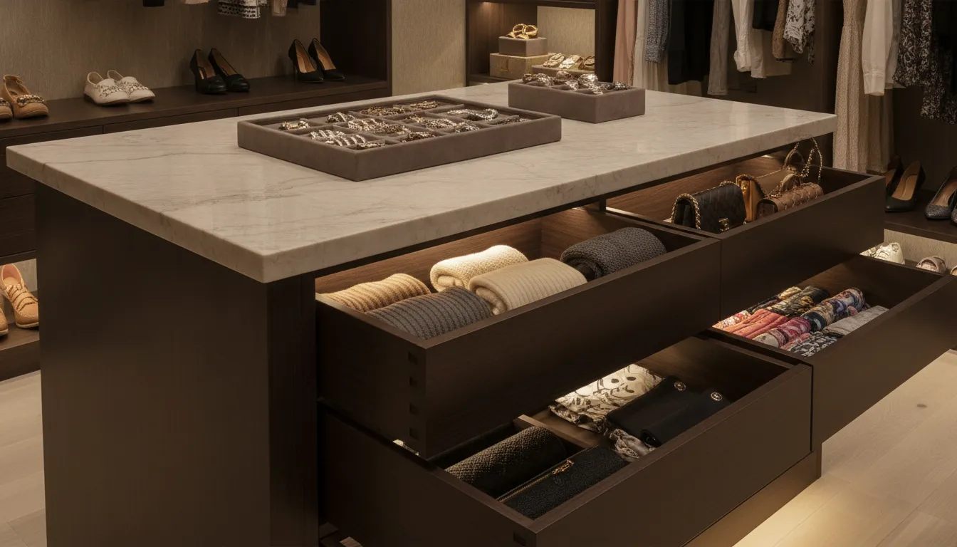 Custom walk-in closet island with deep drawers and a jewelry display tray