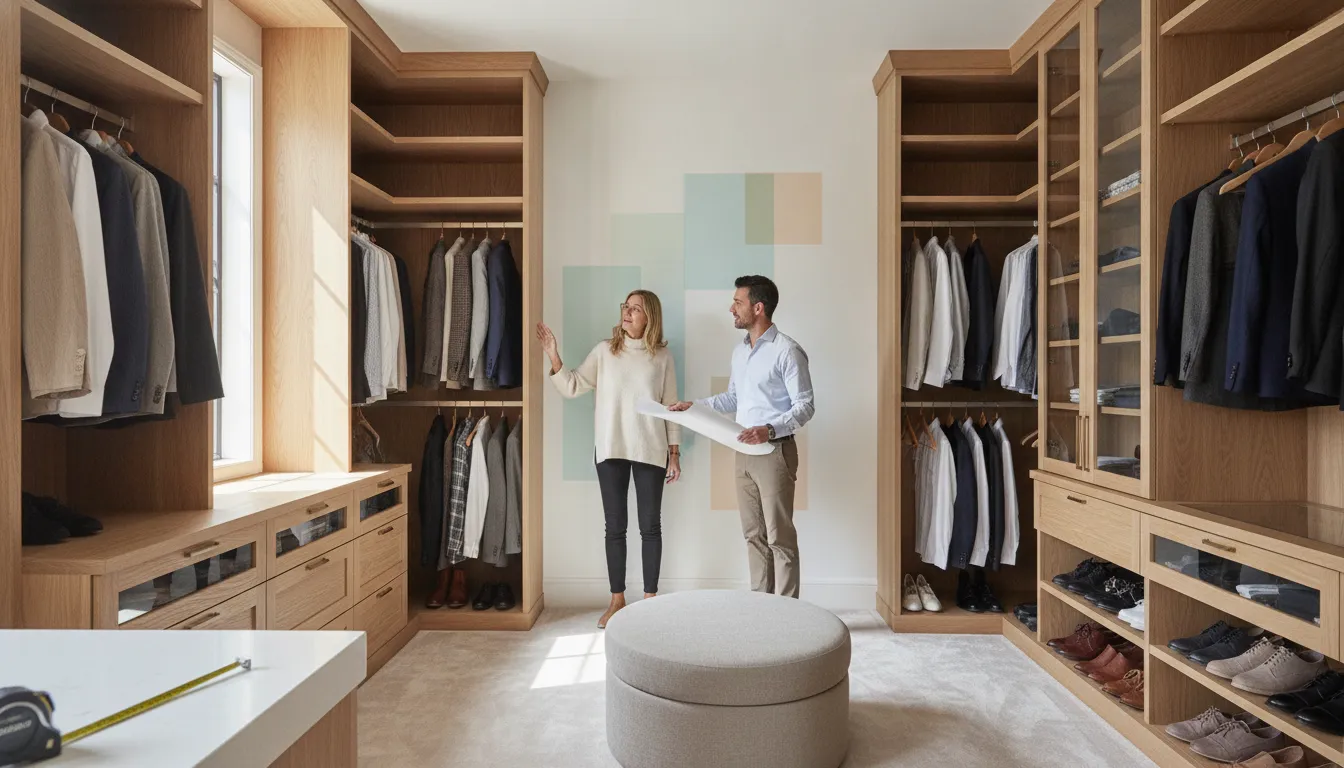 Homeowner reviewing a measured custom closet layout